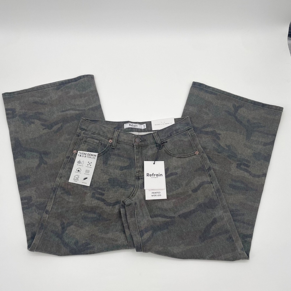 Refrain Los Angeles Printed Wide Leg Jeans Camo Grey Black Size 1/25‎ J1493 NEW